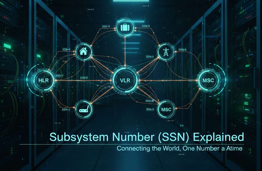 Image of a digital network map showing the individual nodes (HLR, VLR, MSC) interconnected and data packets moving between them, labeled "Subsystem Number (SSN) Explained